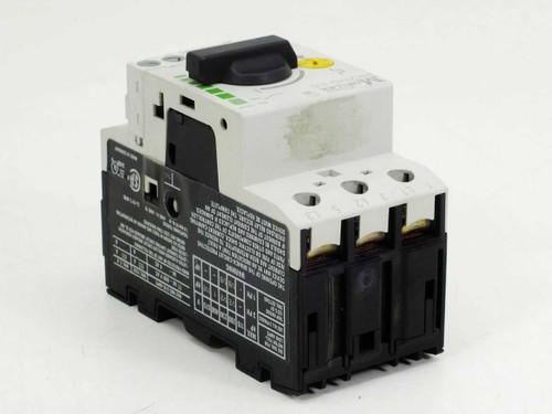 Eaton Moeller PKZM0-2.5 Manual Motor Protector – angled rear-right view showing side labeling, rating plate, and auxiliary contact block attached