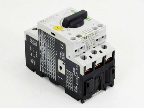 Eaton Moeller PKZM0-2.5 Manual Motor Protector Circuit Breaker – angled front-left view showing rotary handle, terminal screws, and wiring diagram label