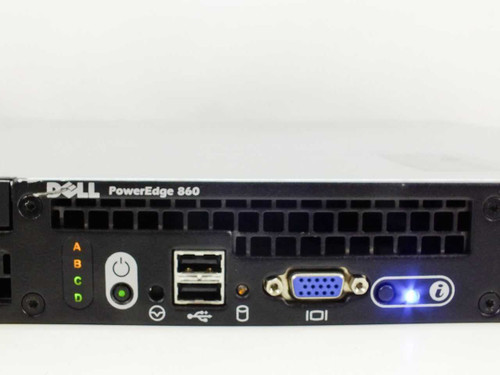 Dell PowerEdge 860 front panel close-up showing power button, USB ports, VGA, and status LEDs