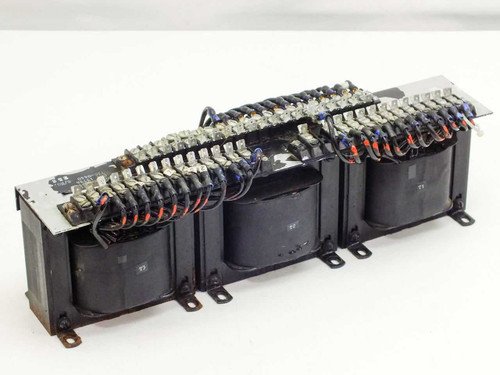 Varian M.E.D. 01-000531 3-gang tapped inductor — front-right three-quarter view showing all three inductor cores, terminal strip, and lead wiring