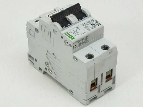 Eaton Moeller FAZN C10 circuit breaker – rear-left angled view showing DIN rail clip and bottom terminal connections