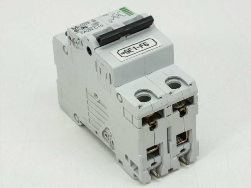 Eaton Moeller FAZN C10 2-pole DIN rail circuit breaker – front-left angled view showing toggle handle and terminal screws