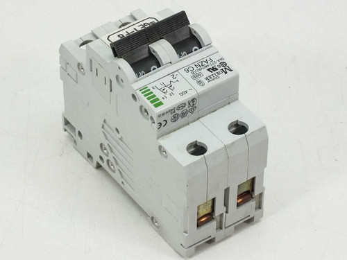 Eaton Moeller FAZN C6 circuit breaker – right side angle view showing wiring terminals and DIN rail clip