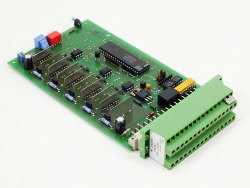 Berger Lahr 220642-00-01 control PCB for Singulus Skyline injection molding system — top-side angled view showing green screw-terminal connector on right edge