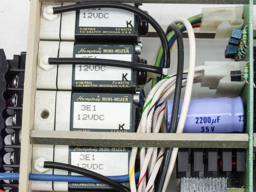 Internal view of Croyden 960-2 showing Humphrey Mini-Mizer 3E1 12VDC solenoid valves rated 0-100 PSIG and 2200uF 35V capacitor on circuit board