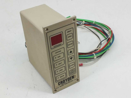 Croyden Series 960-2 Rinse Controller front panel view showing Cycles display, Status LEDs, and keypad buttons with wiring harness attached