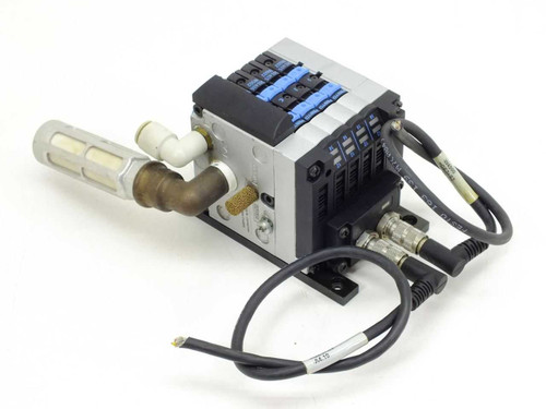 Festo CPV-10-VI0782 CPV valve terminal controller rear-left view showing M12 circular electrical connectors and pneumatic supply inlet with filter/regulator