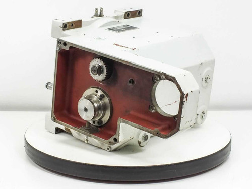 Singulus TC3-5--03 Synchronous Server Module – right-side view showing internal gear cavity with spur gear and timing gear visible, red-painted interior