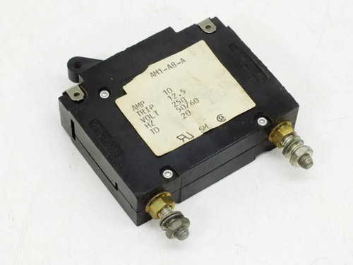 Heinemann AM1-A8-A 10A 250V circuit breaker – top view showing rating label with AMP 10, TRIP 12.5, VOLT 250, HZ 50/60, TD 20