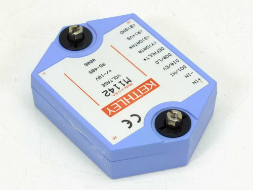 Keithley M1142 Voltage Signal Conditioner – rear/bottom view showing mirrored label and CE mark on blue housing