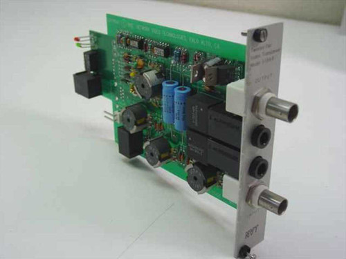 NVT 518AR Twisted Pair Video Transceiver Card — front-right angled view showing green PCB, blue capacitors, transformers, and BNC output connectors on front panel bracket