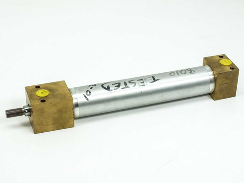 Pneumatic cylinder opposite side view with handwritten markings on barrel and threaded rod end visible