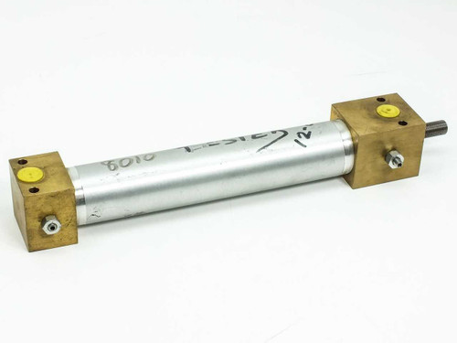 Pneumatic cylinder full side view showing aluminum barrel and brass end caps with threaded rod extended
