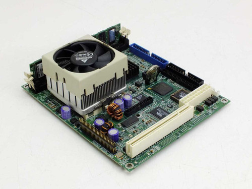 DPF 2972508002 motherboard angled side view showing PGA370 CPU heatsink fan, IDE connectors, and expansion slot area