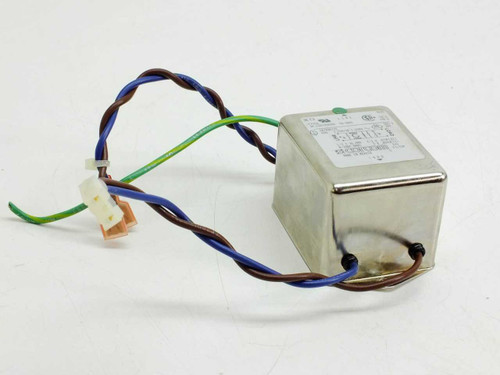 Corcom 3ET3 EMI power line filter – angled front-left view showing metal housing and hardwired leads with Molex connector