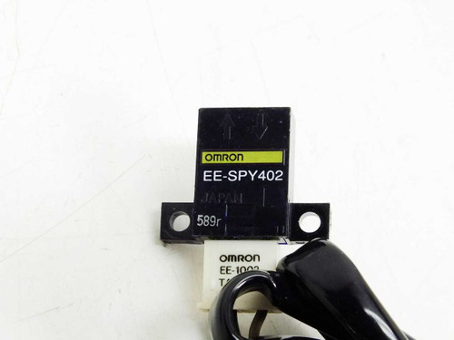 Omron EE-SPY402 sensor body close-up showing model label, Japan marking, and secondary EE-1002 cable label