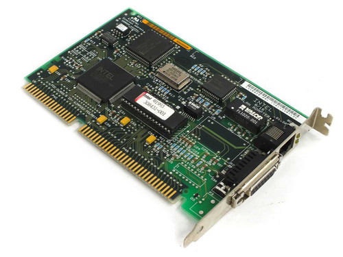 Intel 350020-001 EtherExpress 16-bit ISA LAN adapter card – angled top view showing PCB components and bracket with AUI and RJ45 ports