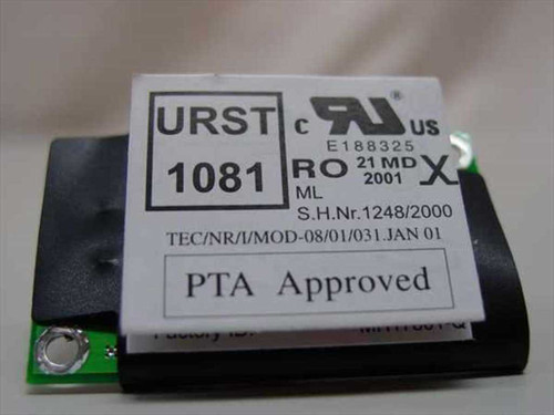 Toshiba K000833900 Satellite 1105 modem PCB top label showing URST 1081 approval markings and PTA Approved stamp