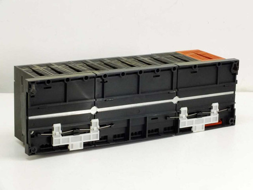 Mitsubishi A1S38B PLC base unit – bottom and rear view showing module backplane connectors and DIN rail clips