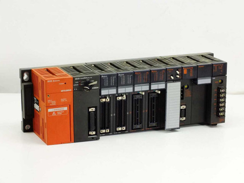 Mitsubishi A1S38B MELSEC-A PLC base unit fully loaded with CPU, power supply, I/O, D/A and network modules – front view