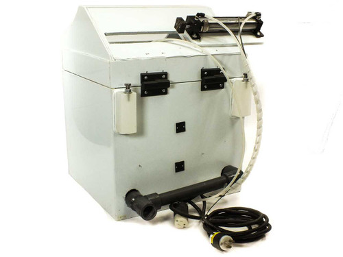 HDPE spin coating chamber rear view showing Norgren linear actuator mounted on top, power cable with twist-lock connector, and drain port