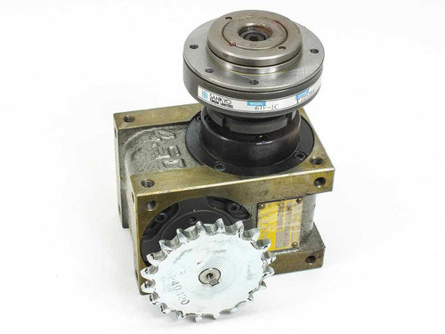 Sandex 4.5E E-Series Oscillating Indexing Drive with Sankyo 6TF-1C Torque Limiter and M-40R20 chain sprocket – three-quarter front view