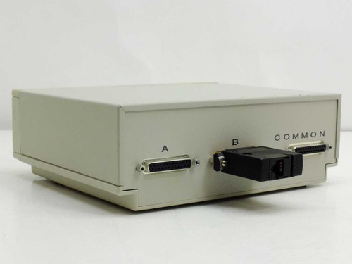 Inmac 1901 T-Switch rear panel showing DB25 port A, DB25 port B with adapter, and DB25 Common port labeled