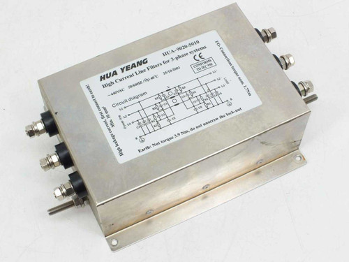Hua Yeang HUA-9020-5010 High Current 3-Phase Line Filter — front top view showing label with specs and circuit diagram