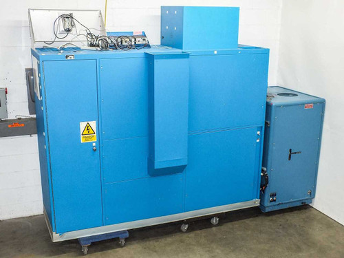 Thomas Swan Epison II MOCVD system rear and left side view showing blue cabinet enclosure on casters