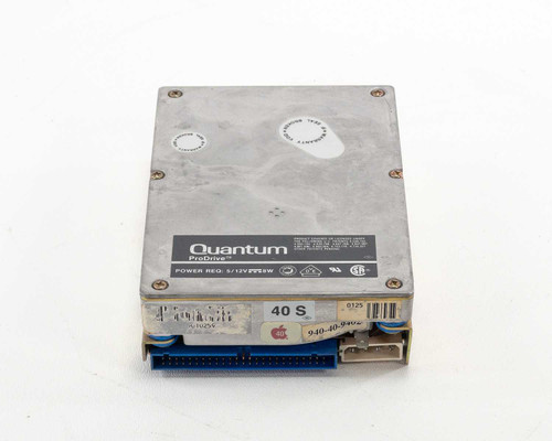 Quantum ProDrive 40S 40MB SCSI hard drive top and front view showing Quantum ProDrive label and power requirements sticker