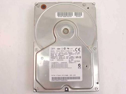 IBM DHEA-38451 8.4GB 3.5 inch IDE hard drive top view showing label with model and part number 00K0394