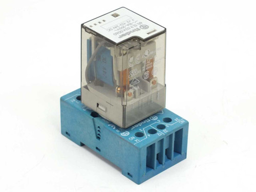 Finder 60.12 relay on Type 90.20 socket — right-side view showing relay label with model number and ratings