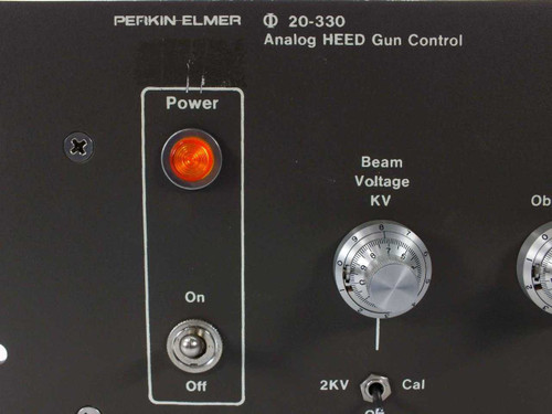 Perkin-Elmer 20-330 Analog HEED Gun Control close-up of front panel left side showing Power indicator lamp, On/Off toggle switch, and Beam Voltage KV dial with 2KV Cal reference