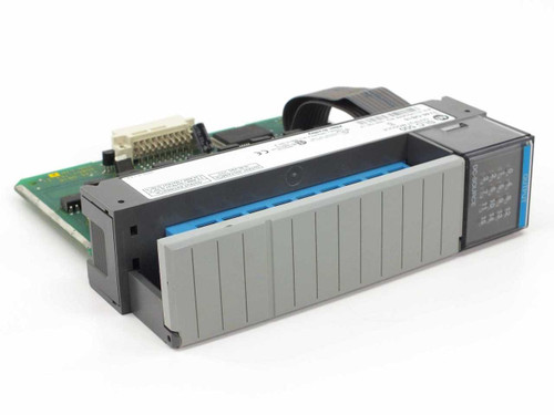 Allen Bradley 1746-OB16 SLC 500 output module – angled front-left view showing module body, PCB, and ribbon cable connector