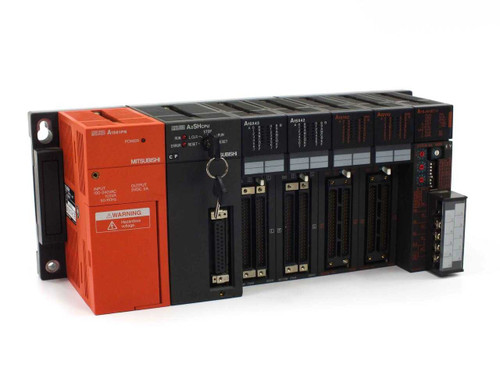 Mitsubishi Melsec A Series PLC system – front view showing A1S61PN power supply, A2SHCPU, and multiple I/O modules on base unit