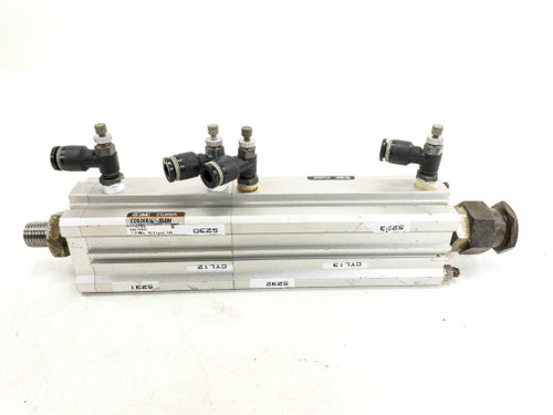 SMC CDQ2B32-60DM compact pneumatic cylinder – opposite side full view showing top fittings and threaded rod end