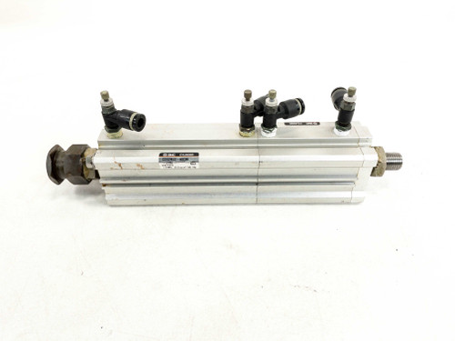 SMC CDQ2KB32-35DM compact pneumatic cylinder – full assembly side view with push-to-connect fittings installed on top ports