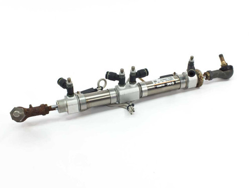 SMC CDM2B20-50+30-H pneumatic cylinder side profile view showing cylinder body, rod ends, and multiple push-in fittings