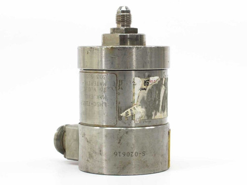 Teledyne Taber 206-SA pressure transducer side view showing stainless steel body, top AN pressure port, serial number S-020616, and label plate