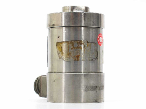 Teledyne Taber 176-SA pressure transducer side view showing stainless steel body with remnant label and wear
