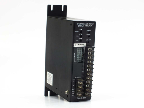 Vexta FBLD40A Brushless DC Motor Driver – angled front-left view showing Speed, S.S., S.D. trimpots, Power and Alarm LEDs, EXT-INT switch, motor connector, and I/O terminal block with AC100-115V marking