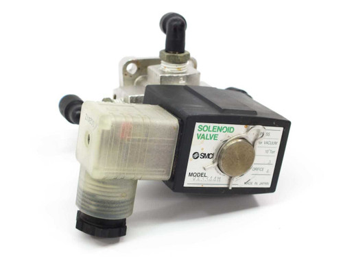 SMC VX3344M direct operated 2-port solenoid valve — right-side view showing solenoid coil housing and push-in fittings