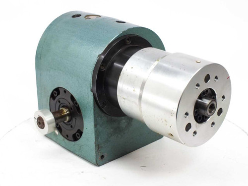 1018 BU-2AA-008-P01-0 Rotary Indexing Drive — front-right view showing 120mm aluminum part-handling head and side shaft with timing pulley