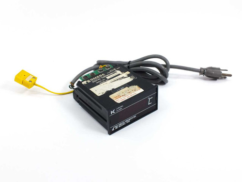 Omega Engineering Model 199 digital thermometer 199-KC-X-X front view with yellow K-type thermocouple lead and AC power cord attached