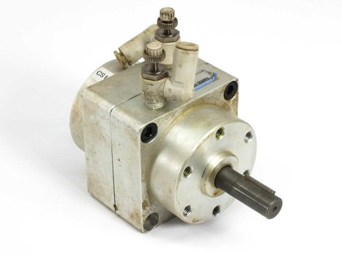 Koganei RANS50-90 rotary vane actuator front-right view showing output shaft and speed control fittings on top