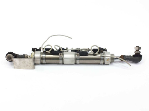 SMC CDM2B32-55 pneumatic cylinder assembly showing full length with rod ends and attached wiring — side profile view