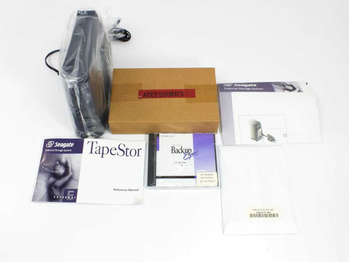 Seagate STT6800P TapeStor 800MB tape drive open box kit with accessories box, TapeStor reference manual, Backup Exec CD, Seagate external storage guide, data cable, and barcode label