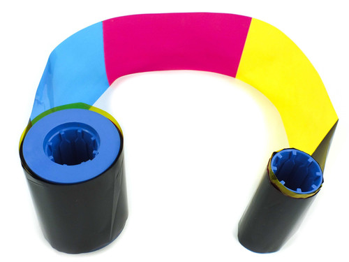 Zebra 800131-545 YMCK ribbon unrolled showing Yellow, Magenta, Cyan, and Black resin color panels on blue plastic spools