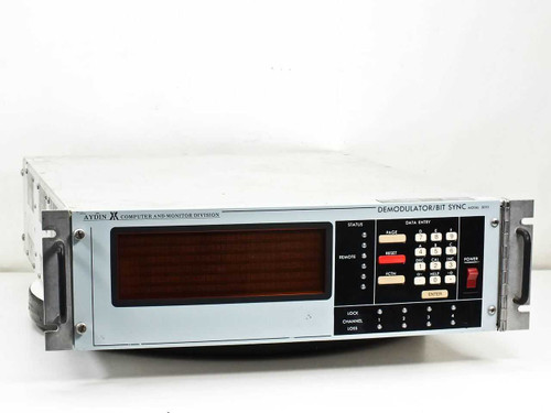 Aydin 3053 Demodulator Bit Sync front panel view showing LED display, DATA ENTRY keypad, STATUS indicators, and POWER switch