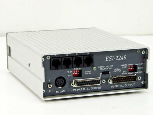 Extended Systems ESI-2249A rear panel showing 4 RJ inputs, P1 parallel output, P2 serial output, DIP switches, and 16VAC power socket